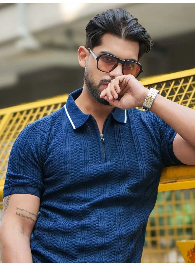 Maniac Maniac Mens Rib Textured NavyPolo Neck Half Sleeve Cotton Tshirt