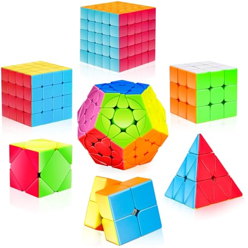 AuntyFey Speed Cube Set 7 Pack Speed Magic Cube Set with 3x3 2x2 4x4 Pyramid Megaminx Stickerless Speed Cube for Kids Toddlers Adults Puzzle Cube for Kid - Image 1