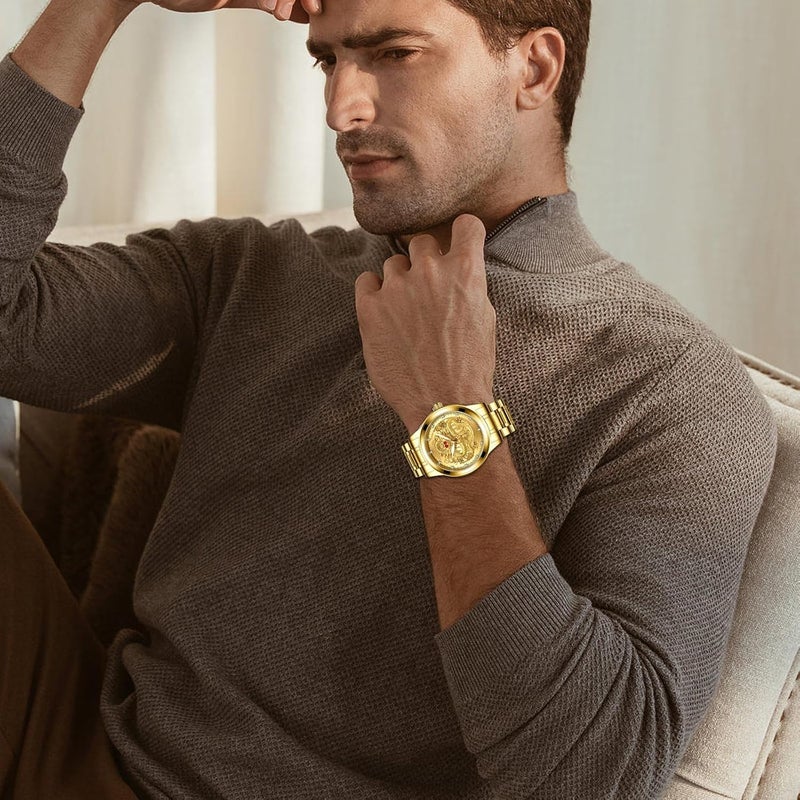 KASTWAVE Men's Stainless Steel Quartz Wristwatch with Engraved Dragon Dial, Analog Display, Luminous Hands, Stylish and Durable Timepiece for Everyday Wear - Image 3