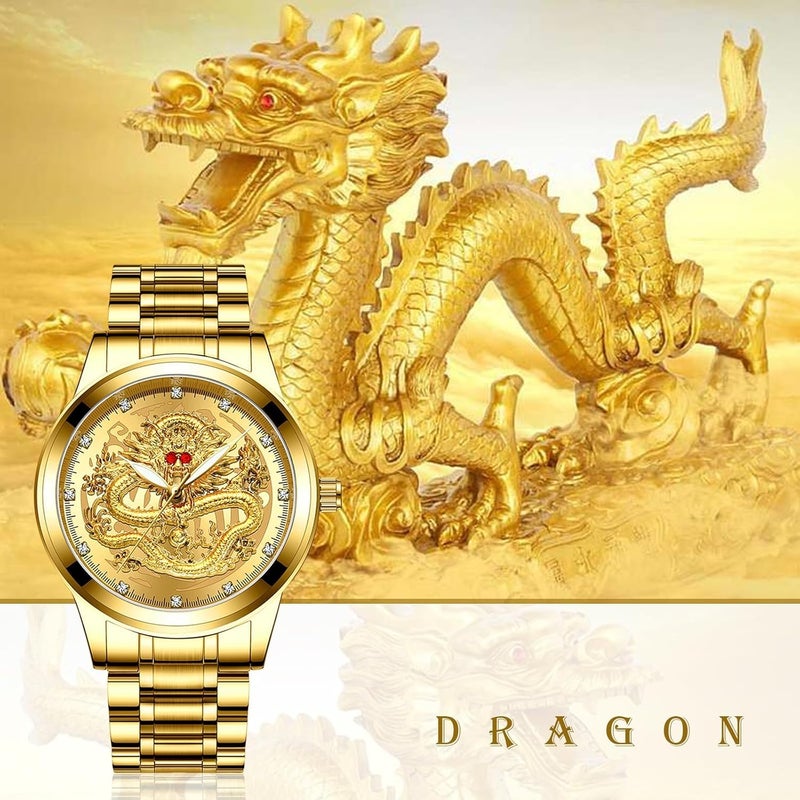 KASTWAVE Men's Stainless Steel Quartz Wristwatch with Engraved Dragon Dial, Analog Display, Luminous Hands, Stylish and Durable Timepiece for Everyday Wear - Image 4