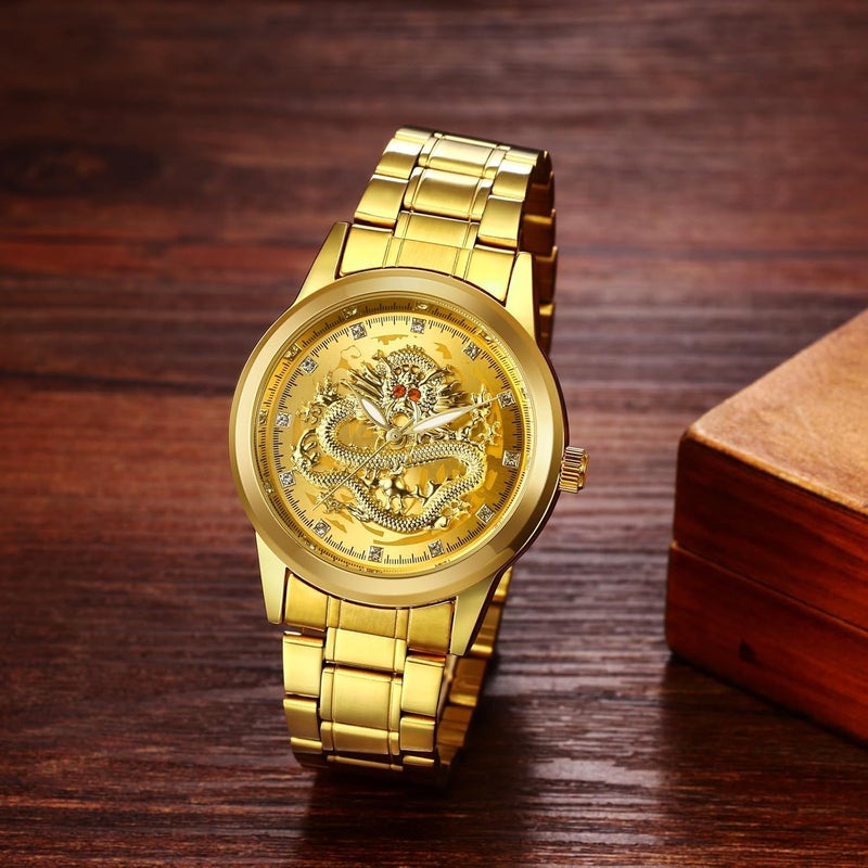 KASTWAVE Men's Stainless Steel Quartz Wristwatch with Engraved Dragon Dial, Analog Display, Luminous Hands, Stylish and Durable Timepiece for Everyday Wear - Image 5