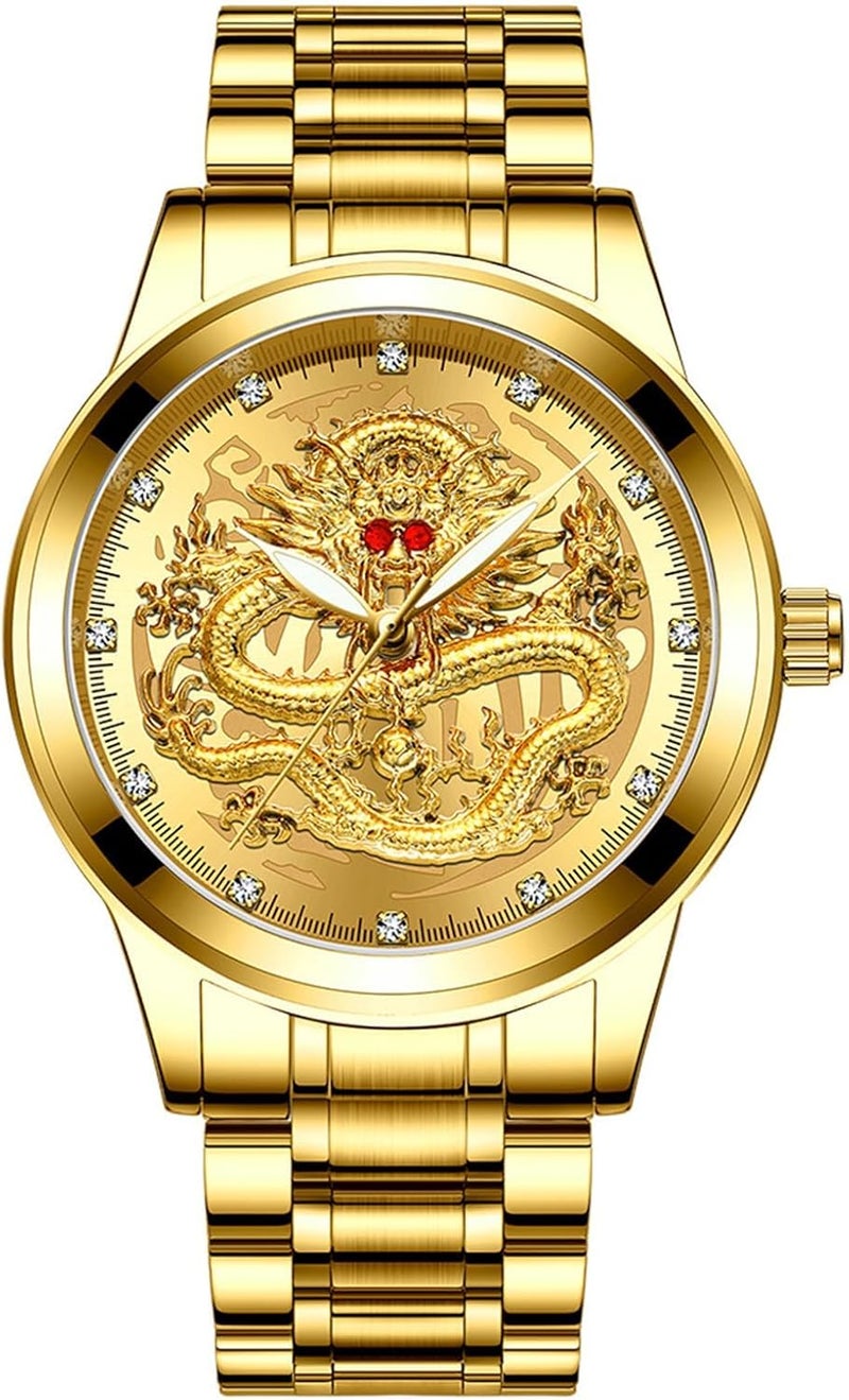 KASTWAVE Men's Stainless Steel Quartz Wristwatch with Engraved Dragon Dial, Analog Display, Luminous Hands, Stylish and Durable Timepiece for Everyday Wear - Image 1