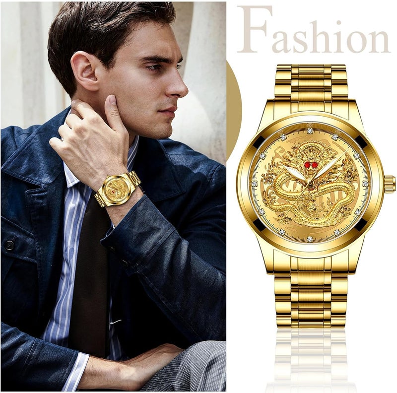 KASTWAVE Men's Stainless Steel Quartz Wristwatch with Engraved Dragon Dial, Analog Display, Luminous Hands, Stylish and Durable Timepiece for Everyday Wear - Image 2