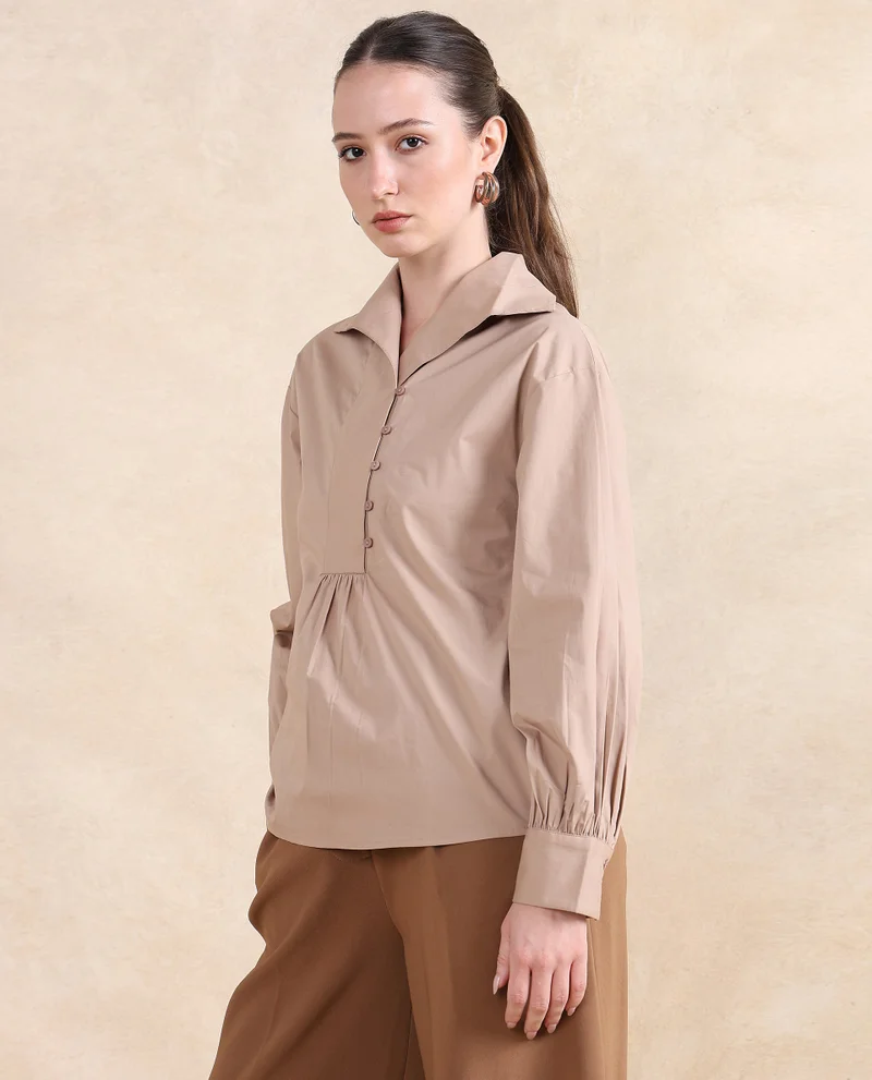 Rareism Women's Collared Top With Button Detailing