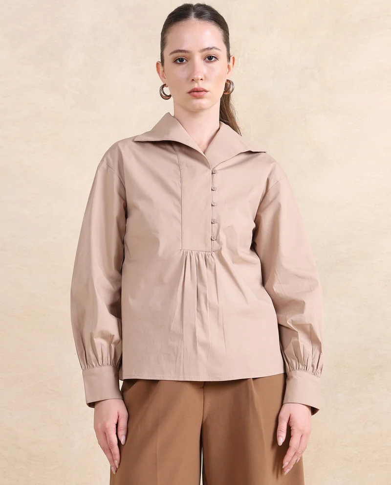Rareism Women's Collared Top With Button Detailing