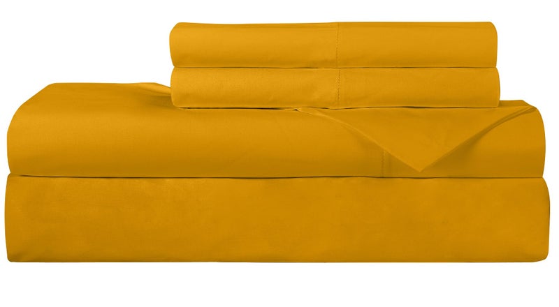 Royale Linens 300 Count Thread Count 100 ٪ Long Staple Cofted Cotton Sheet - 4 قطعة ورقة السرير 1 ورقة 1 ورقة مسطحة 2 حالة وسادة - تنفس البرودة وروح ورقة ورقة البركالي (الملك الأصفر) - Image 1