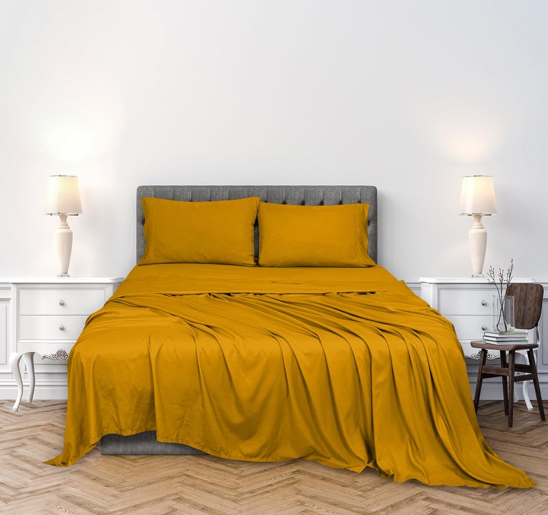 Royale Linens 300 Count Thread Count 100 ٪ Long Staple Cofted Cotton Sheet - 4 قطعة ورقة السرير 1 ورقة 1 ورقة مسطحة 2 حالة وسادة - تنفس البرودة وروح ورقة ورقة البركالي (الملك الأصفر) - Image 2