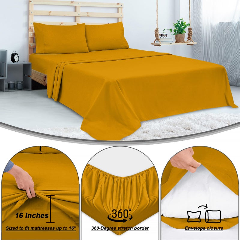 Royale Linens 300 Count Thread Count 100 ٪ Long Staple Cofted Cotton Sheet - 4 قطعة ورقة السرير 1 ورقة 1 ورقة مسطحة 2 حالة وسادة - تنفس البرودة وروح ورقة ورقة البركالي (الملك الأصفر) - Image 5