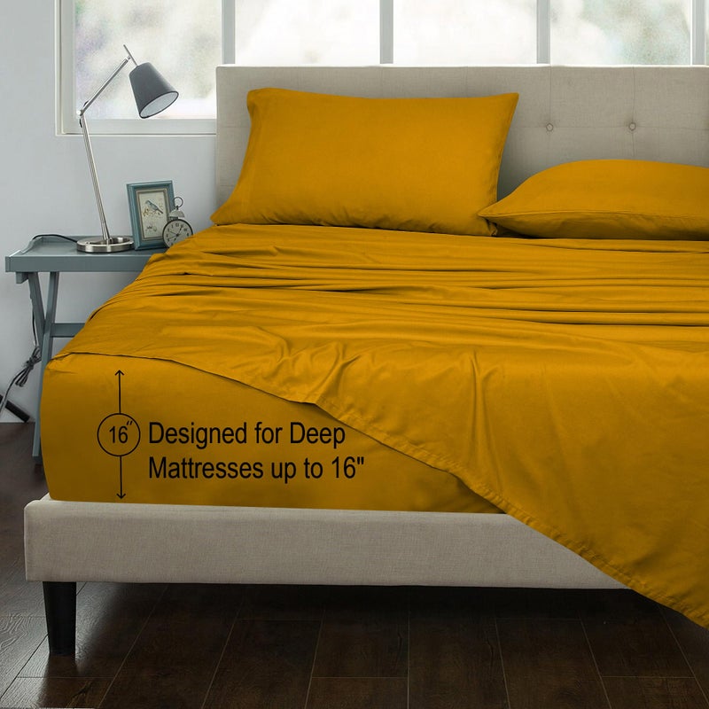 Royale Linens 300 Count Thread Count 100 ٪ Long Staple Cofted Cotton Sheet - 4 قطعة ورقة السرير 1 ورقة 1 ورقة مسطحة 2 حالة وسادة - تنفس البرودة وروح ورقة ورقة البركالي (الملك الأصفر) - Image 3