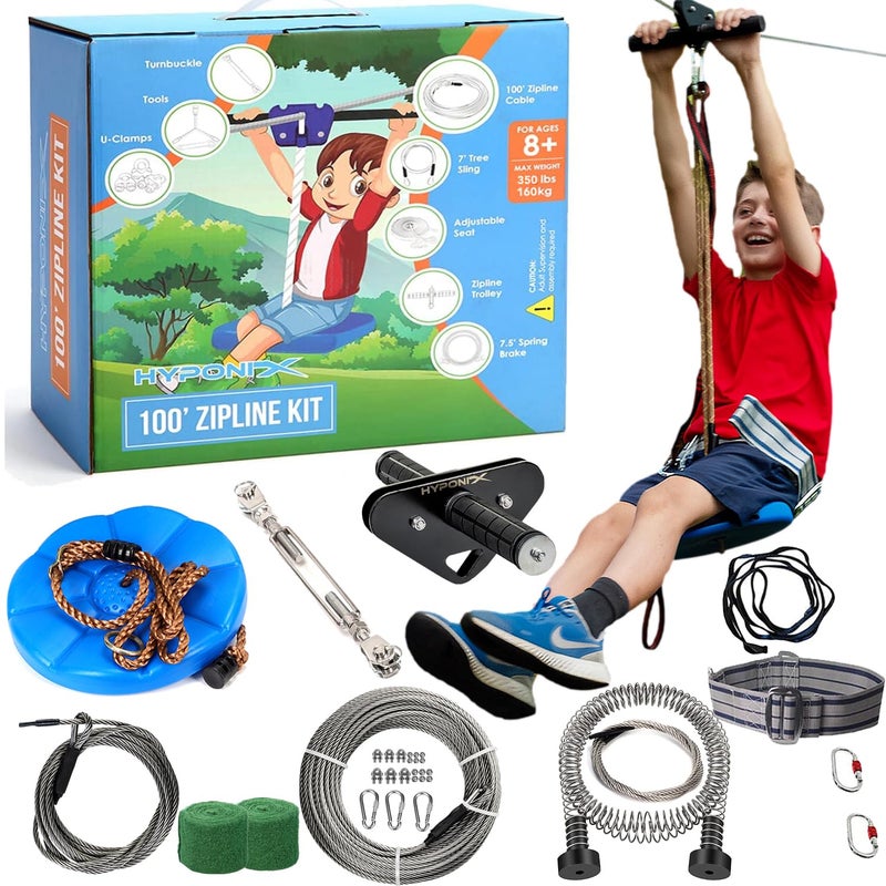 Hyponix Sporting Zip Line Kit for Kids and Adults 100120  150200 ft Up to 350 Lbs Rustproof Stainless Steel Quick Setup with Ratchet Safety Harness Backyard Adventure Fun Includes Climbing Holds - Image 2