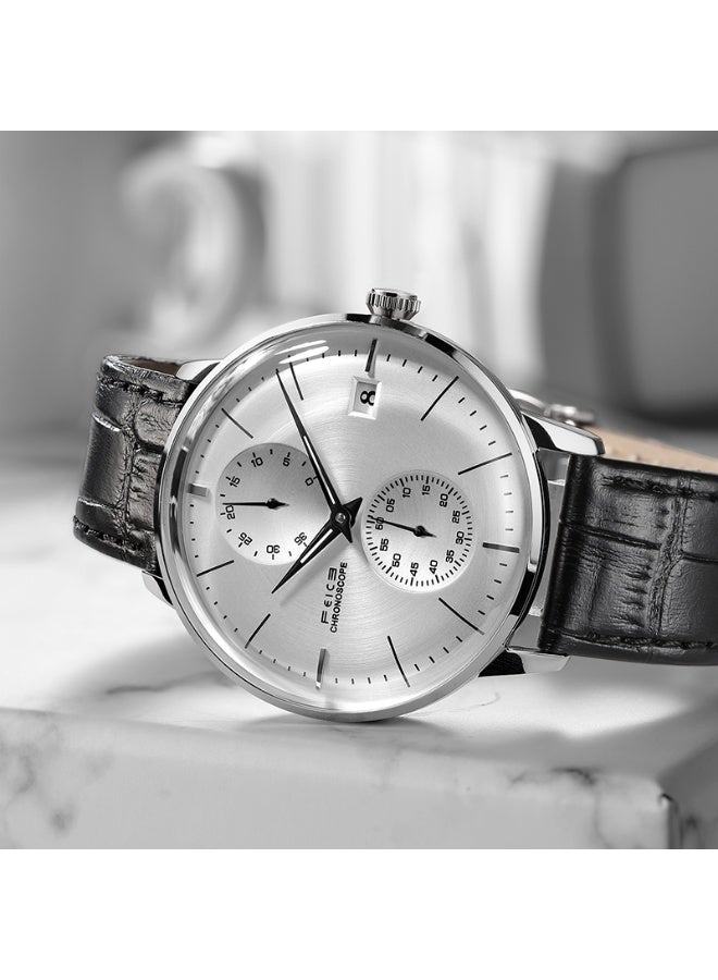 FEICE Men's Automatic Mechanical Watch with Curved Mirror, Brushed Finish Dial, Stainless Steel Leather Band – Casual Dress Style - Image 3