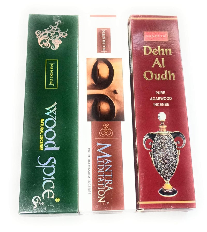 Nandita Acharya Combo of Wood Spice, Dehn Al Oudh, Meditation - Premium Natural Masala Incense - Pack of 6 x 50gm (2 Packs of Each Variety) - Image 3