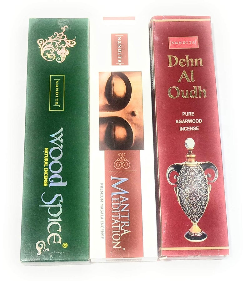 Nandita Acharya Combo of Wood Spice, Dehn Al Oudh, Meditation - Premium Natural Masala Incense - Pack of 6 x 50gm (2 Packs of Each Variety) - Image 2