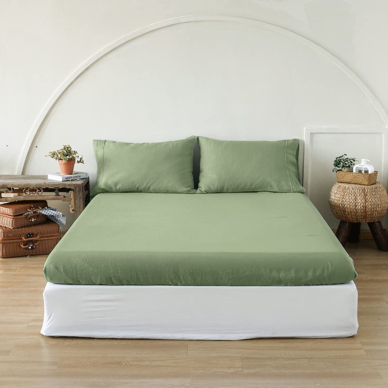 King Linens 100% Linen Fitted Sheet Stone Washed Solid Color - (1 Piece) 14 inch Deep Pocket Mattress Cover Soft Natural Breathable Farmhouse - Sage Green  Queen Size - Image 1