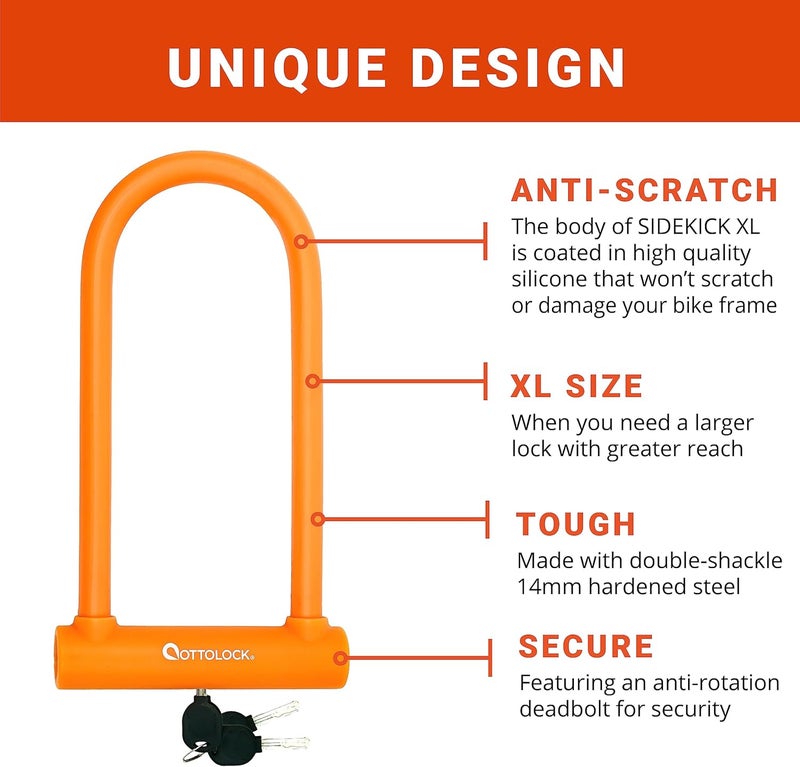 OTTOLOCK Sidekick XL Full-Size U-Lock - Heavy Duty Anti Theft Bicycle U-Lock with Keys, Silicone-Coated, Bike Accessories, Orange - Image 3