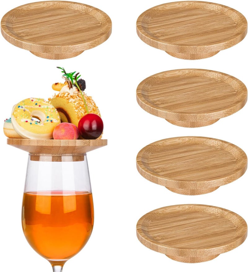 THSLSFX 5Pcs Wine Glass Charcuterie Topper, 4" Bamboo Mini Charcuterie Boards, Wine Glass Covers to Keep Bugs Out, for Family Gatherings, Restaurants, Bars - Image 1