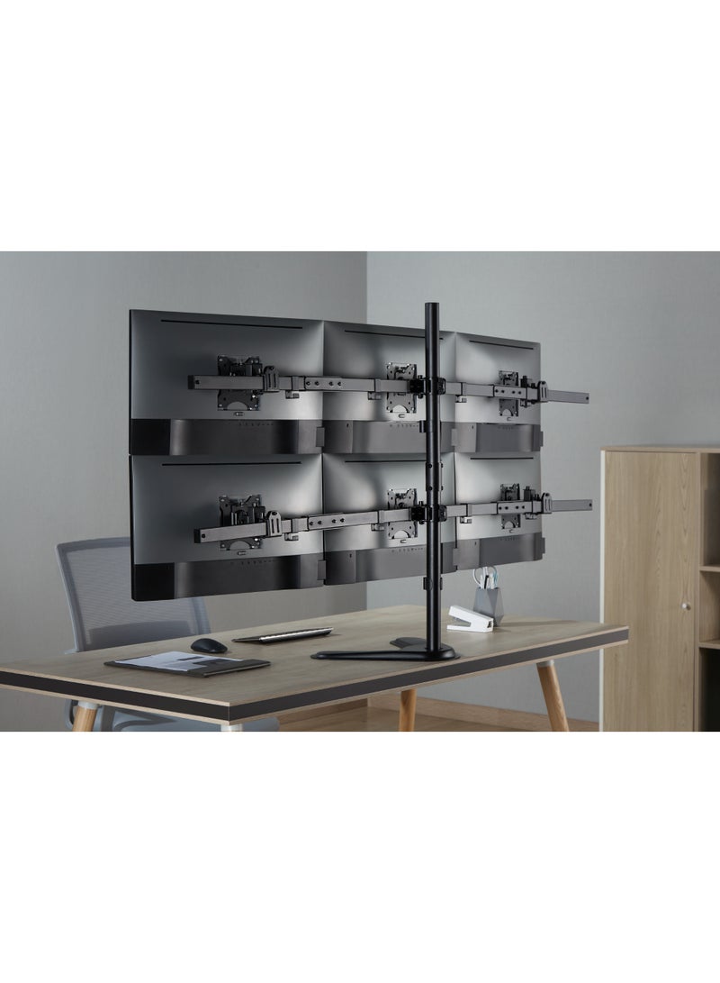 Skill Tech Skilltech SH57 T06 Six-Screen Standing Pole Monitor Mount for 17–32", Heavy-Duty Steel, 7kg Per Screen, Full Motion Tilt/Swivel/Rotation, Max VESA 100×100, Freestanding Tabletop Stand, Cable Management – Fine Texture Black - Image 2