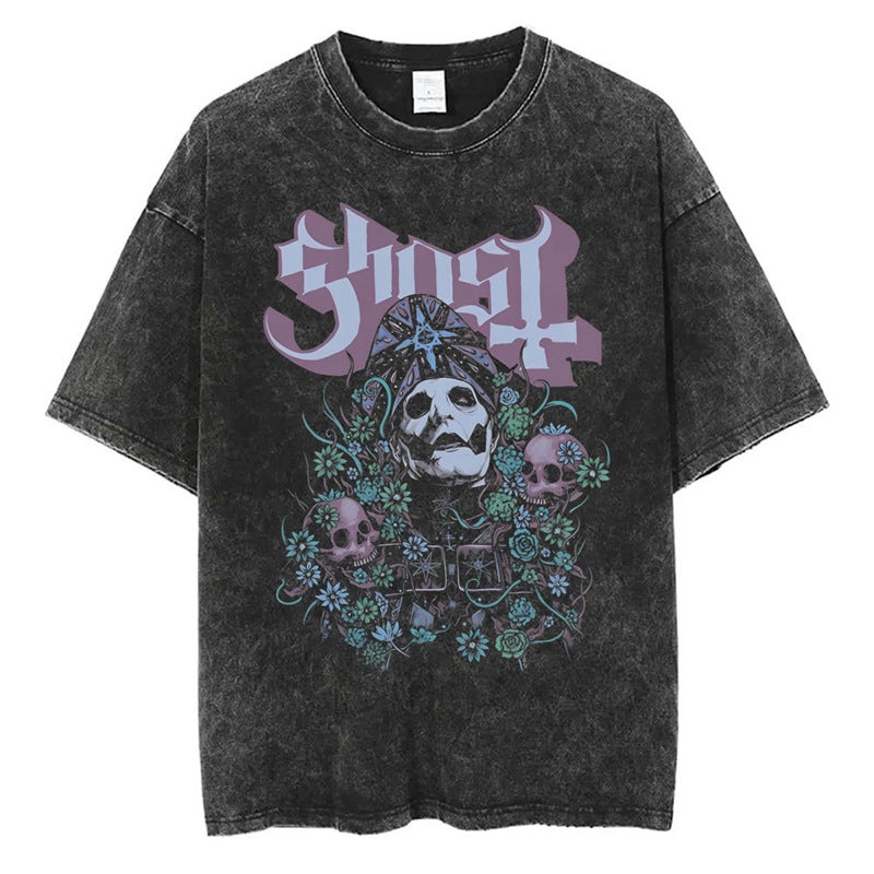 T-Shirt T-Shirt Band Station Gothic Comfortable Washed Men And Women Loose Ghost 2025 Independent Retro New Style - Image 3