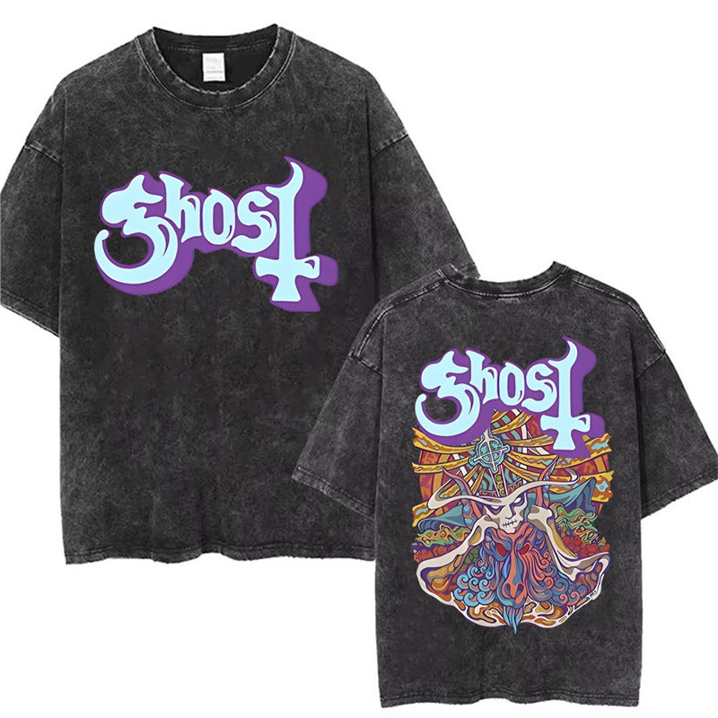 T-Shirt T-Shirt Band Station Gothic Comfortable Washed Men And Women Loose Ghost 2025 Independent Retro New Style - Image 1