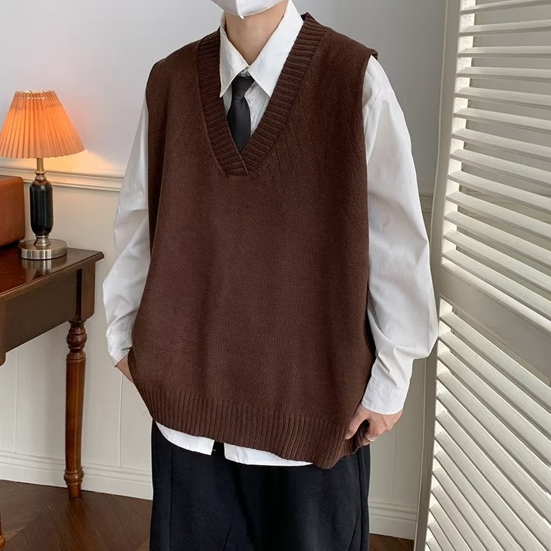 Brown V-neck Knit Vest Men Casual Sleeveless Sweater Brown  - Image 1