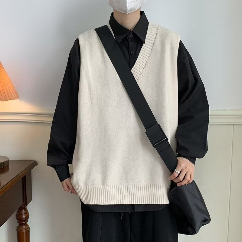Brown V-neck Knit Vest Men Casual Sleeveless Sweater Brown  - Image 3