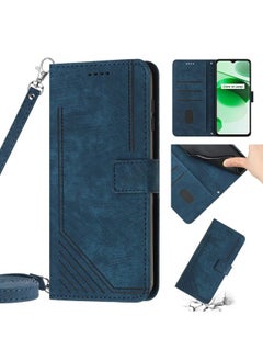 HuHa Case Cover Skin Feel Stripe Pattern Leather Phone Case with Lanyard for Realme C12 / C15 / C25 / C25s / 7i Global / Narzo 20 / Narzo 30A Blue 