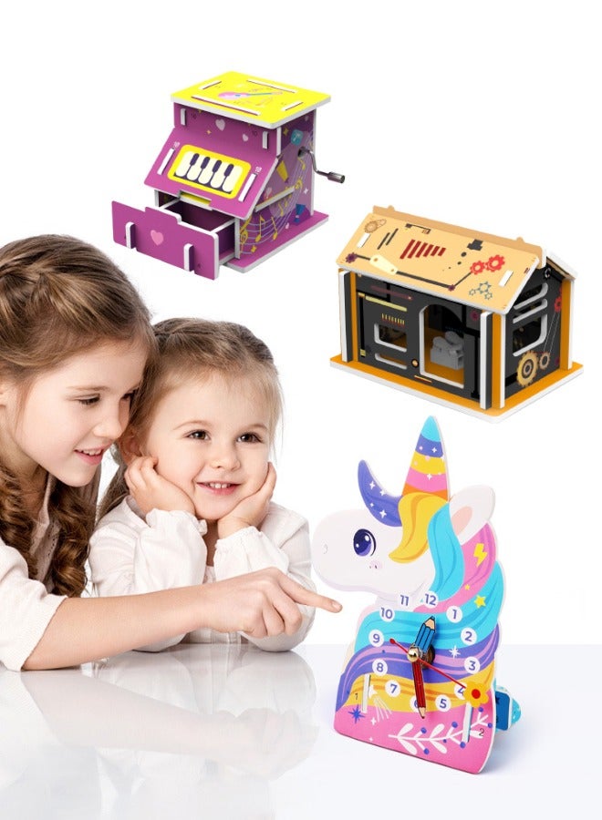 3 Pack STEM Kits for Kids, Science Kits Craft for Kids, Family 3D Puzzle Set, Scientific Experiment DIY Building Kits, STEM Activities Toy for Boys Girls (Clock/Music Box/Glowing House)  - Image 1