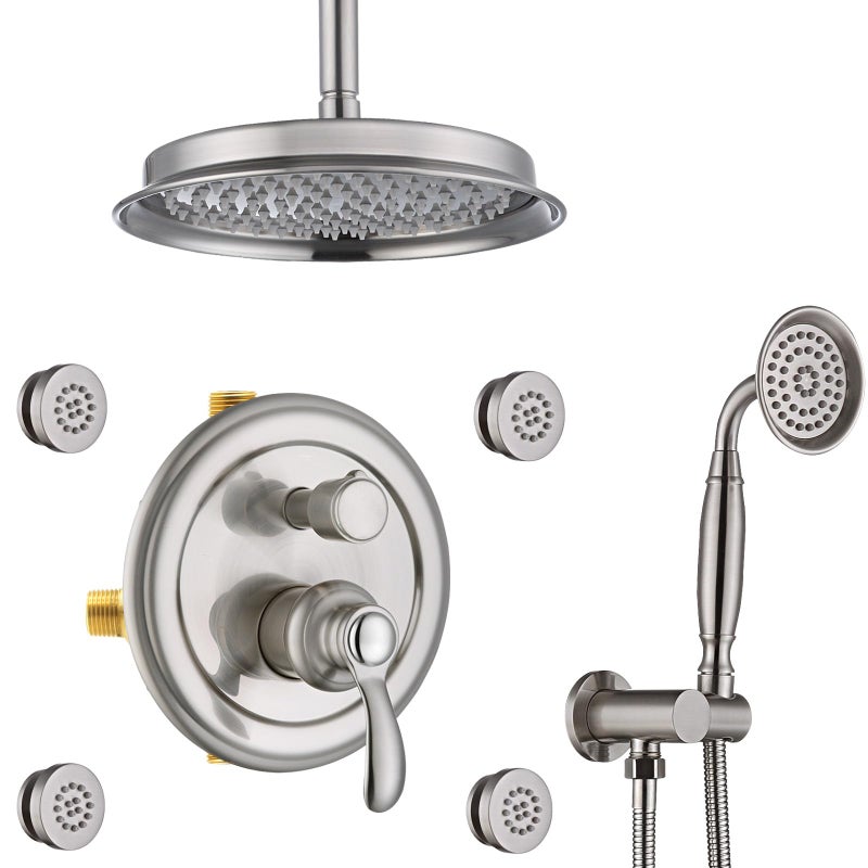 Homekicen Antique Shower FaucetSets Fixtures 9 inch Ceiling Rain Head with Handheld Spray and Body Jets 3 Way Diverter Rough in Valve System included Trim Kit Brushed Nickel - Image 2