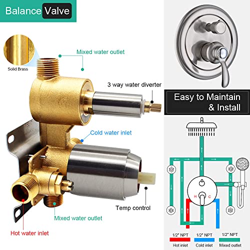Homekicen Antique Shower FaucetSets Fixtures 9 inch Ceiling Rain Head with Handheld Spray and Body Jets 3 Way Diverter Rough in Valve System included Trim Kit Brushed Nickel - Image 3
