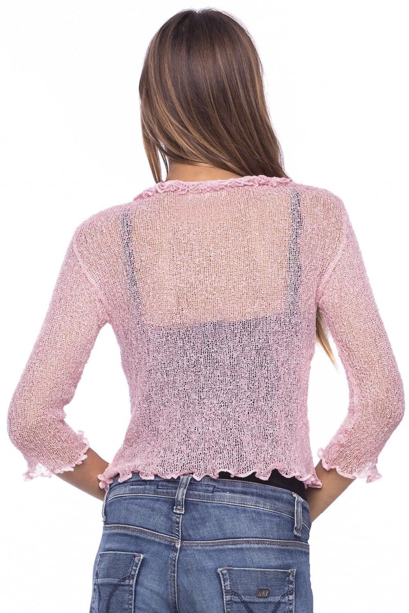 Back From Bali Womens Sheer Shrug Cardigan Sweater Ruffle Lightweight Knit Light Pink One Size - Image 2