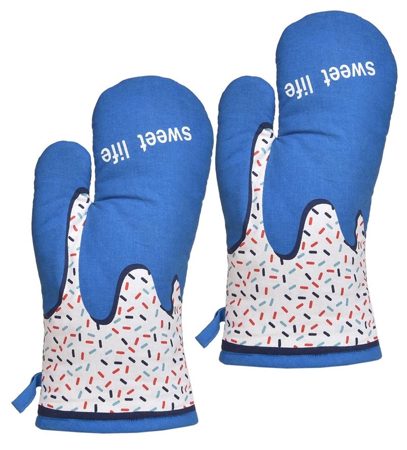 Yellow Weaves™ 100% Cotton Heat Proof Microwave Oven Gloves, Blue Colour, (Pack of 2) - Image 1