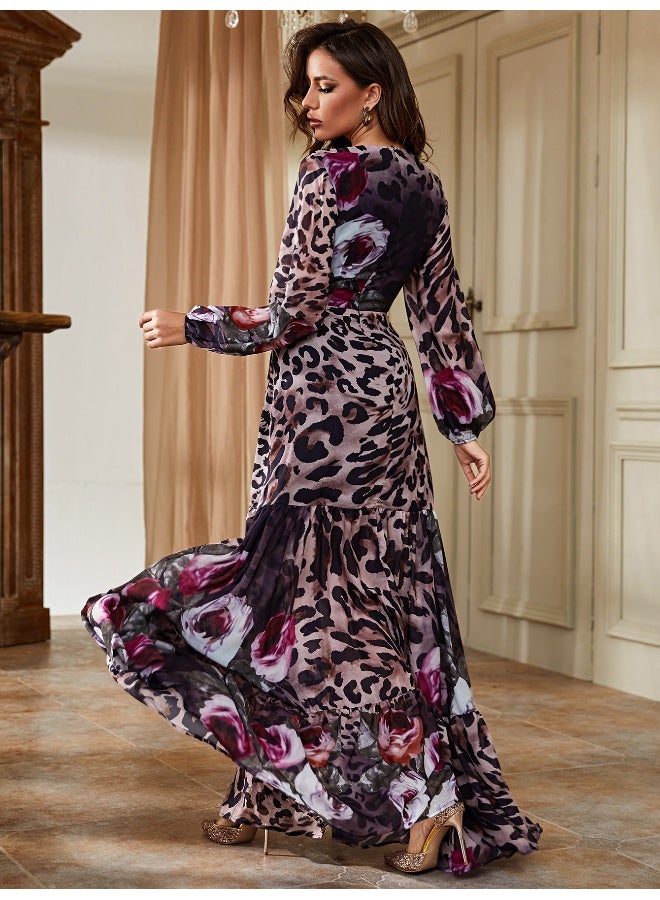 Madam Uniq Leopard - Floral Print Deep V - Neck Long - Sleeve Cutout Waist Tiered Maxi Dress - Image 5