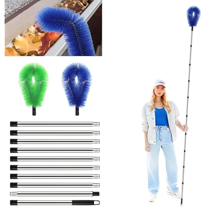 TELESCOPIC GUTTER CLEANING TOOL - 12.7FT GUTTER CLEANING TOOLS, 10 POLE EXTENDABLE GUTTER CLEANER WITH HARD & SOFT BRISTLE BRUSH HEADS, ROOF GUTTER CLEANER FOR LEAVES, DEBRIS, WINDOWS, SPIDER WEBS - Image 1