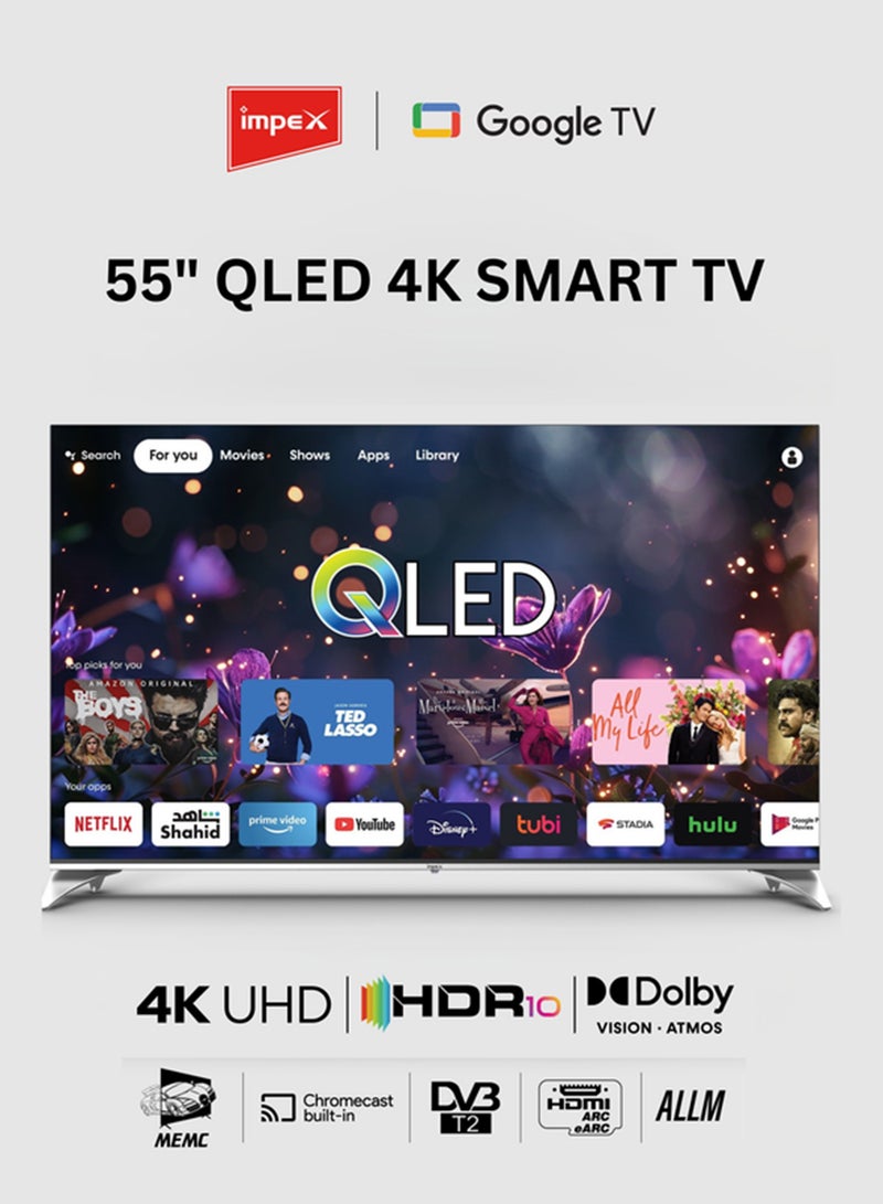 Impex 55 Inch QLED Smart TV 4K Ultra HD, Google TV with Voice Remote & Google Assistant, 120Hz DLG, Dolby Vision And Atmos, 2GB RAM+16GB ROM, ALLM, 2 HDMI ARC/eARC, DVB T2 S2, Wall Mount Included, Gaming Ready, Bluetooth, WiFi, Optical - 2 Year Warranty, evoQ 55S4QLC2R120 Black evoQ 55S4QLC2R120 Black - Image 1