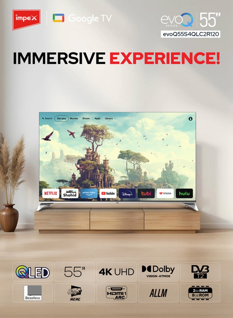 Impex 55 Inch QLED Smart TV 4K Ultra HD, Google TV with Voice Remote & Google Assistant, 120Hz DLG, Dolby Vision And Atmos, 2GB RAM+16GB ROM, ALLM, 2 HDMI ARC/eARC, DVB T2 S2, Wall Mount Included, Gaming Ready, Bluetooth, WiFi, Optical - 2 Year Warranty, evoQ 55S4QLC2R120 Black evoQ 55S4QLC2R120 Black - Image 2