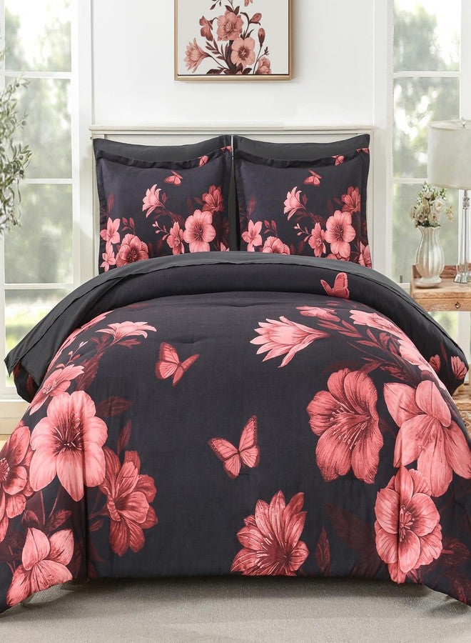 DHSFKBE Floral Comforter Set Queen Size, 7 Piece Black Bed in a Bag, Elegant Flower Pattern Comforter Set with Sheet, Soft Microfiber Complete Bedding Sets for All Season - Image 1