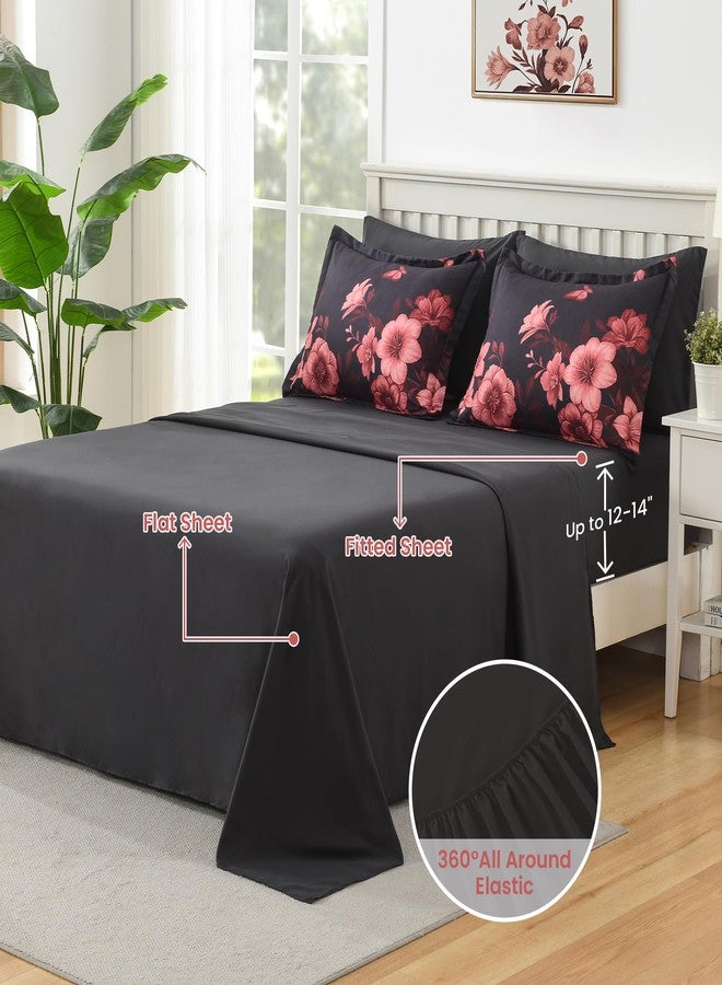 DHSFKBE Floral Comforter Set Queen Size, 7 Piece Black Bed in a Bag, Elegant Flower Pattern Comforter Set with Sheet, Soft Microfiber Complete Bedding Sets for All Season - Image 4