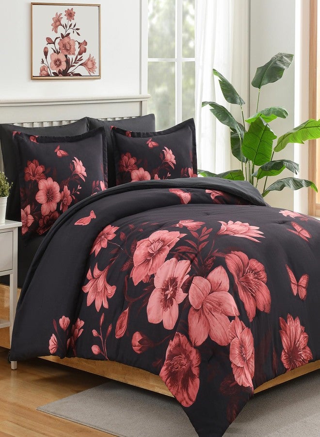 DHSFKBE Floral Comforter Set Queen Size, 7 Piece Black Bed in a Bag, Elegant Flower Pattern Comforter Set with Sheet, Soft Microfiber Complete Bedding Sets for All Season - Image 2