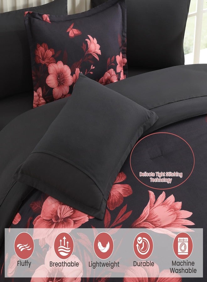 DHSFKBE Floral Comforter Set Queen Size, 7 Piece Black Bed in a Bag, Elegant Flower Pattern Comforter Set with Sheet, Soft Microfiber Complete Bedding Sets for All Season - Image 5