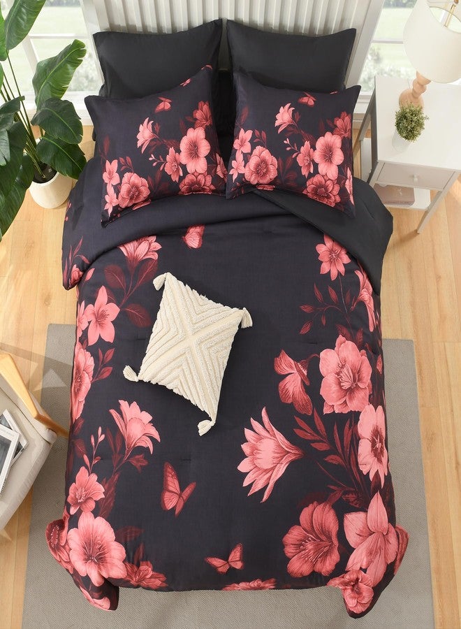 DHSFKBE Floral Comforter Set Queen Size, 7 Piece Black Bed in a Bag, Elegant Flower Pattern Comforter Set with Sheet, Soft Microfiber Complete Bedding Sets for All Season - Image 3
