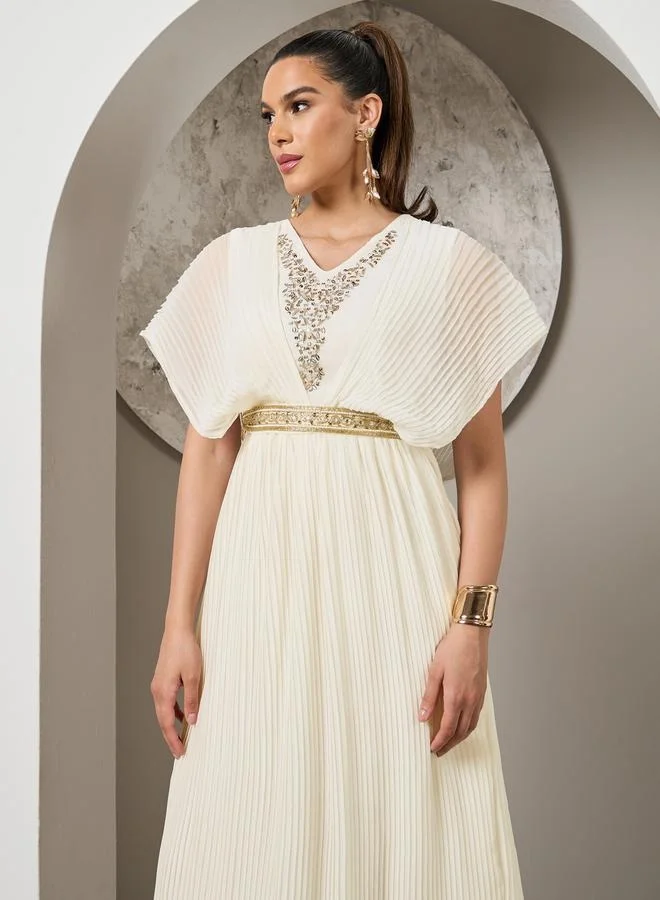 Styli Embellished Pleated Cape Sleeves A-Line Maxi Dress