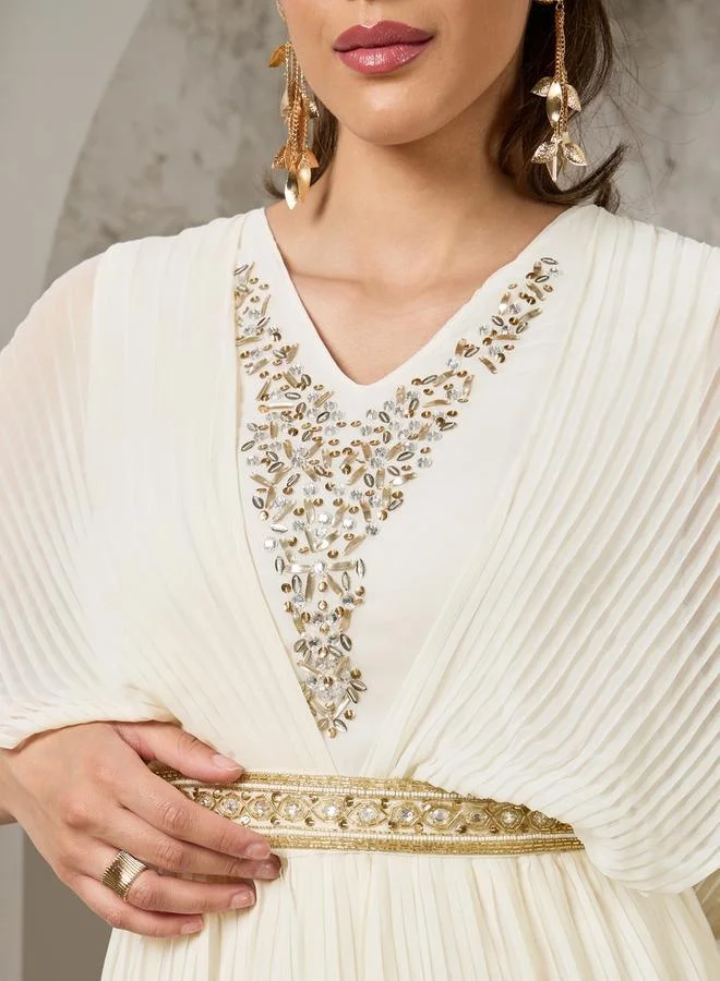 Styli Embellished Pleated Cape Sleeves A-Line Maxi Dress
