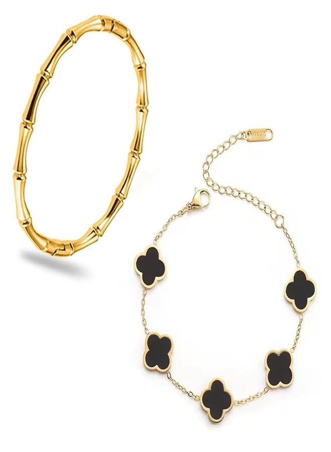 Okos Gold Plated Bracelet Combo for Women and Girls | Bamboo Kada & Black Clover Charm Chain Bracelet Set | Stylish Jewellery Wear CO1000507GLD - Image 2