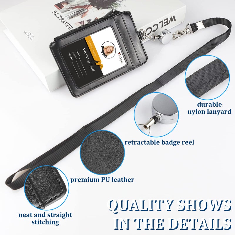 Teskyer Leather Badge Holder with Lanyard and Retractable Badge Reel, 4 Card Slots ID Card Holder with 1 Zipper Pocket for Office School Name Work IDs, Black - Image 3