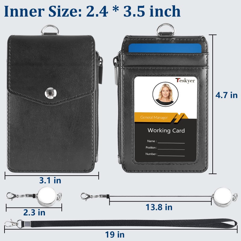 Teskyer Leather Badge Holder with Lanyard and Retractable Badge Reel, 4 Card Slots ID Card Holder with 1 Zipper Pocket for Office School Name Work IDs, Black - Image 5