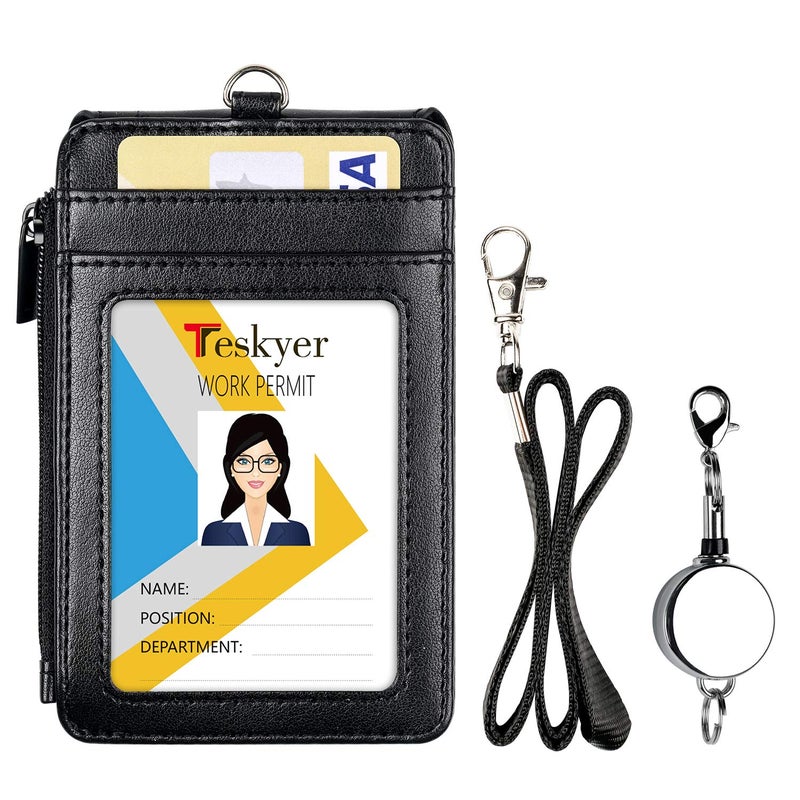 Teskyer Leather Badge Holder with Lanyard and Retractable Badge Reel, 4 Card Slots ID Card Holder with 1 Zipper Pocket for Office School Name Work IDs, Black - Image 2