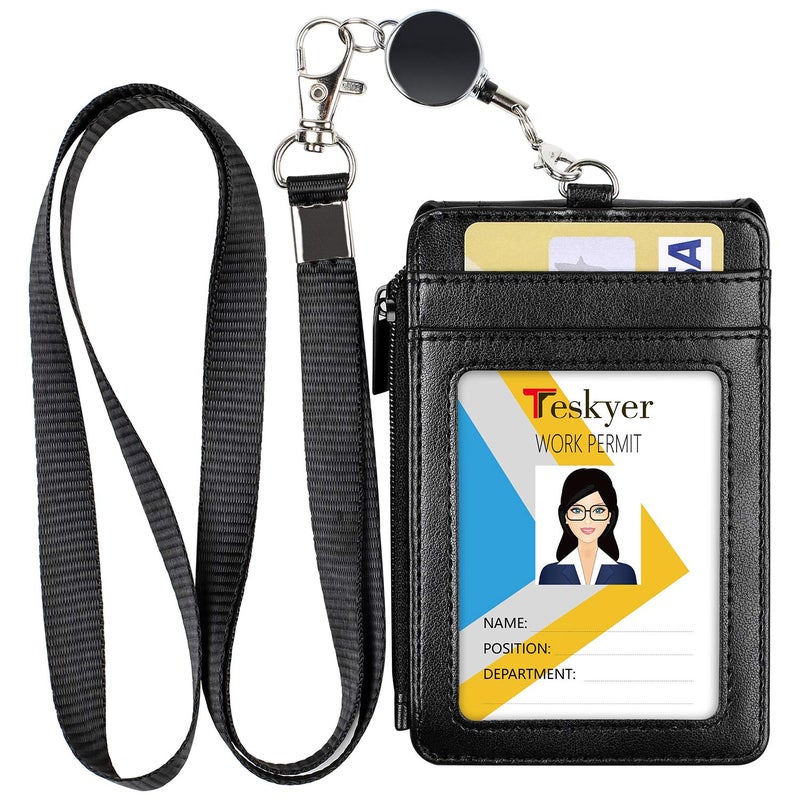 Teskyer Leather Badge Holder with Lanyard and Retractable Badge Reel, 4 Card Slots ID Card Holder with 1 Zipper Pocket for Office School Name Work IDs, Black - Image 1