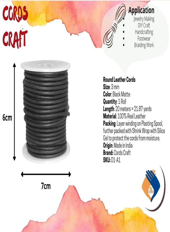 Cords Craft® Round Leather Cord for Round Bracelet, Necklaces Plain Genuine Leather Cord 3.0MM A1 Black - Image 2