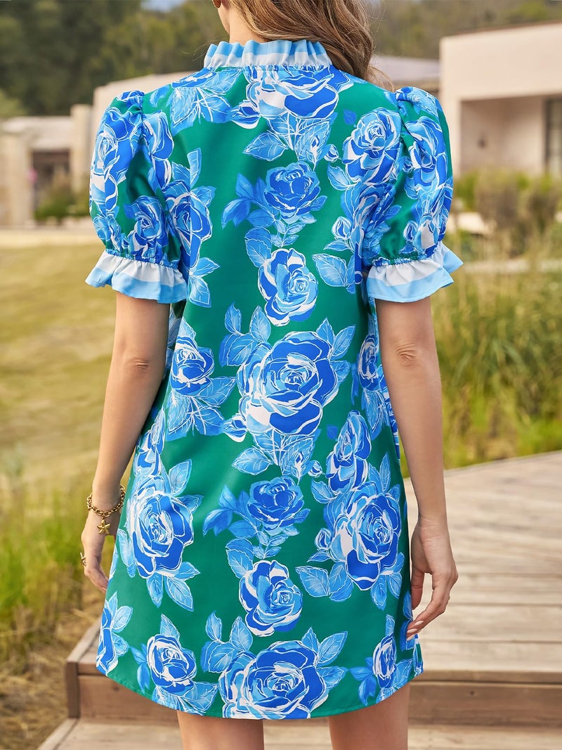 Wenrine Womens Summer Mini Dresses Casual Floral Puff Short Sleeve V Neck Button Down Ruffle Beach Sundress with Pockets Blue - Image 5
