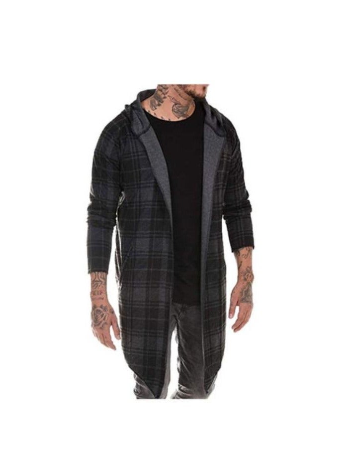 KUYING Autumn Fashion Men Plaid Print Long Sleeve Causal Hooded Shirt Coat Outwear 